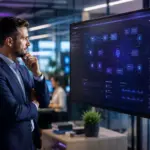 Businessman reviewing an AI automation dashboard with workflow diagrams and analytics on a large screen