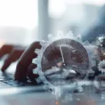 Hands typing on a laptop with overlaid gears and clock symbolizing automated repetitive tasks