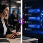 Split comparison of a human customer support agent versus an AI chatbot, labeled VS
