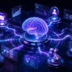 Glowing AI brain connected to business automation icons like email, chat, and analytics dashboards